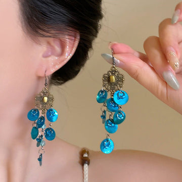 Bohemian Colorful Shell Fringed Earrings – Ethnic Long Retro Vacation Studs - Alba Vaga