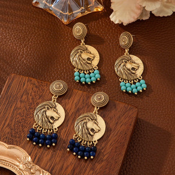 Bohemian Lion Head Fringe Stud Earrings – Retro Statement Design - Alba Vaga