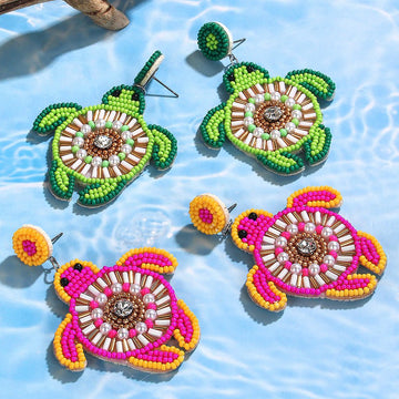 Bohemian Turtle Beaded Earrings Handmade with Pearls and Crystal Accents - Alba Vaga
