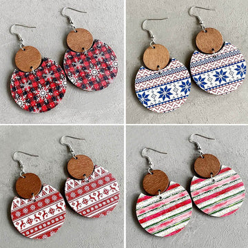 Boho Christmas Tartan Wood Drop Earrings Geometric Holiday Style - Alba Vaga