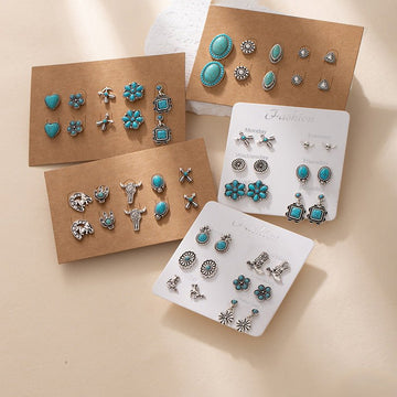 Vintage Turquoise Flower Stud Earrings – Carved Bohemian Ethnic Style - Alba Vaga