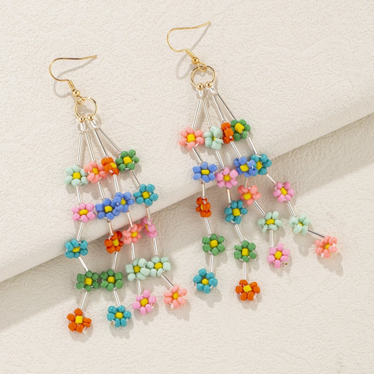 Bohemian Daisy Beaded Fringe Earrings – Colorful Handmade Rainbow Style - Alba Vaga