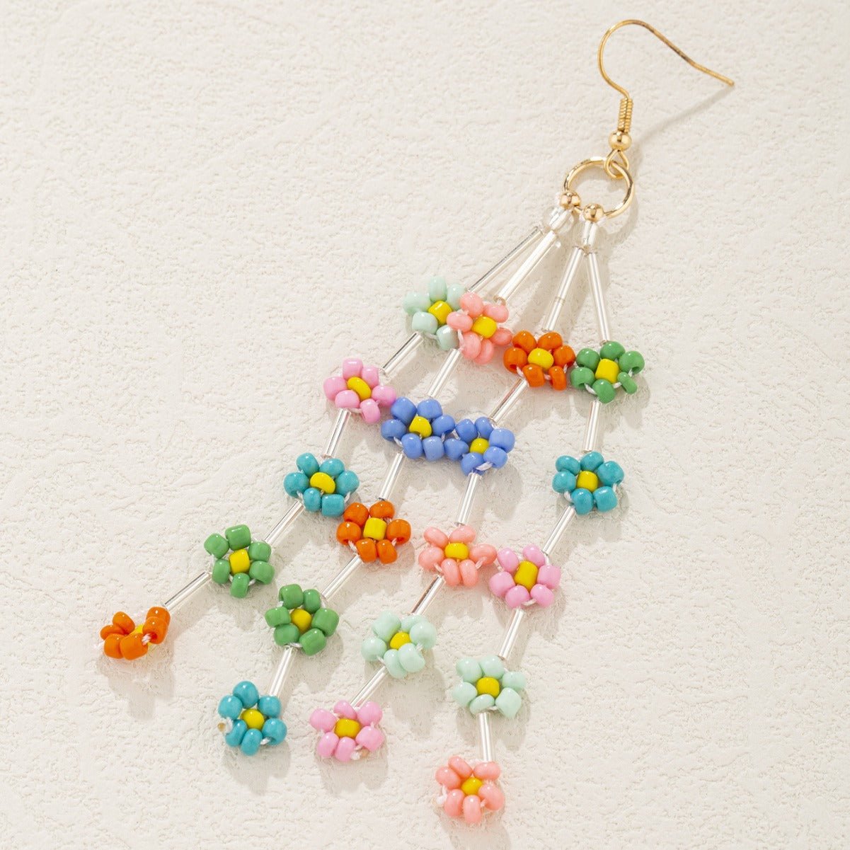 Bohemian Daisy Beaded Fringe Earrings – Colorful Handmade Rainbow Style - Alba Vaga