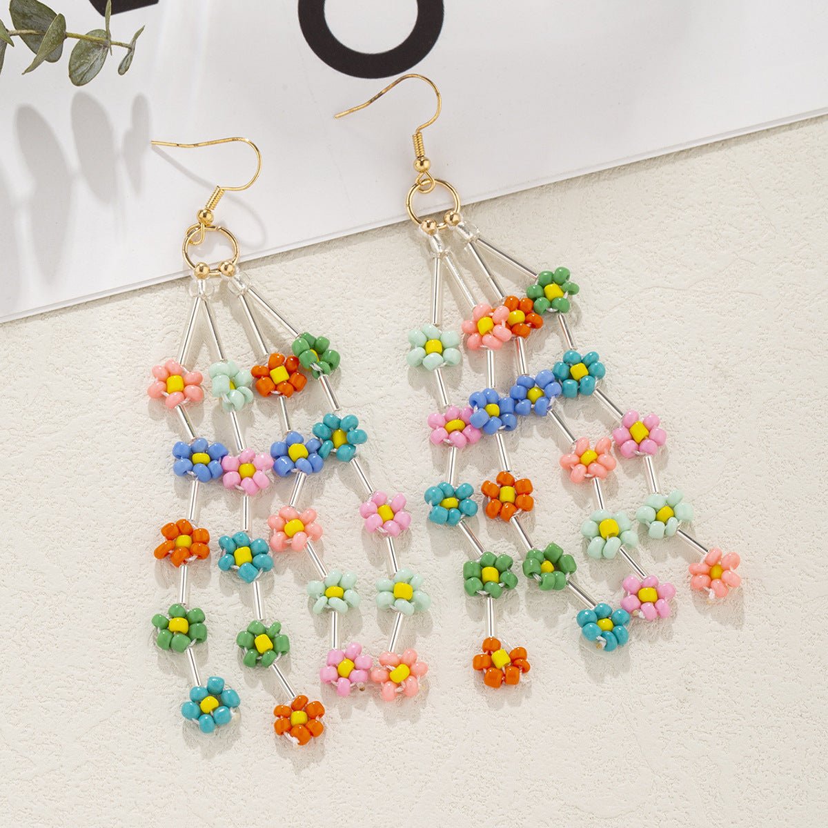 Bohemian Daisy Beaded Fringe Earrings – Colorful Handmade Rainbow Style - Alba Vaga