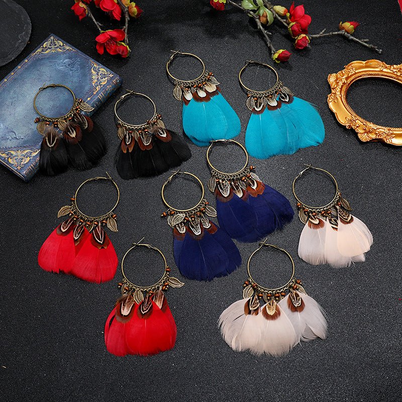 Bohemian Feather Fringe Earrings – Retro Seaside Vacation Style - Alba Vaga