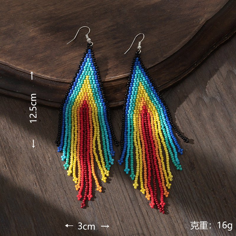 Bohemian Glass Bead Fringe Earrings – Colorblock Vacation Style with Artistic Flair - Alba Vaga