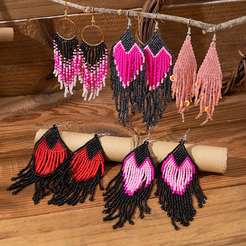 Bohemian Glass Bead Fringe Earrings – Colorblock Vacation Style with Artistic Flair - Alba Vaga