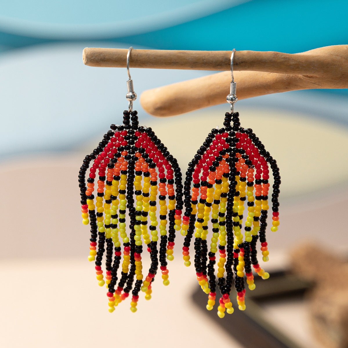 Bohemian Glass Bead Fringe Earrings – Colorblock Vacation Style with Artistic Flair - Alba Vaga