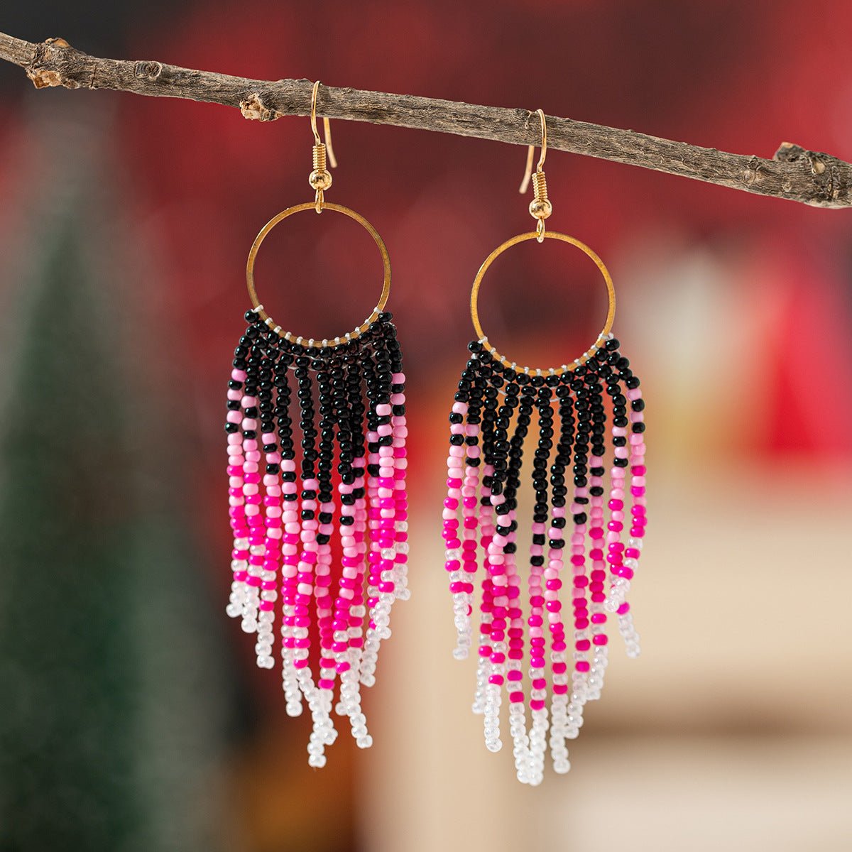 Bohemian Glass Bead Fringe Earrings – Colorblock Vacation Style with Artistic Flair - Alba Vaga