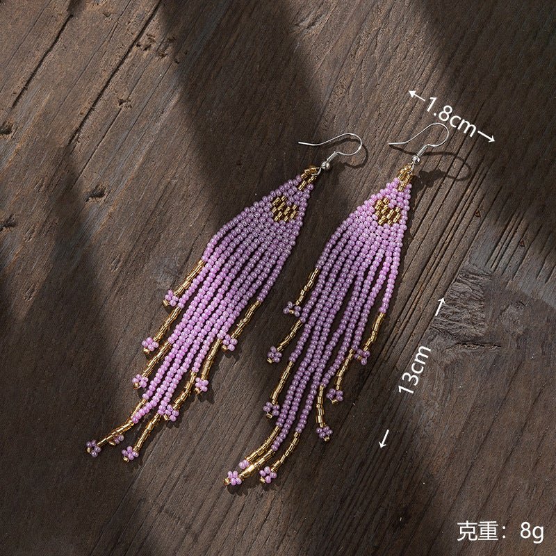 Bohemian Glass Bead Fringe Earrings – Colorblock Vacation Style with Artistic Flair - Alba Vaga