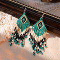 Bohemian Glass Bead Fringe Earrings – Colorblock Vacation Style with Artistic Flair - Alba Vaga