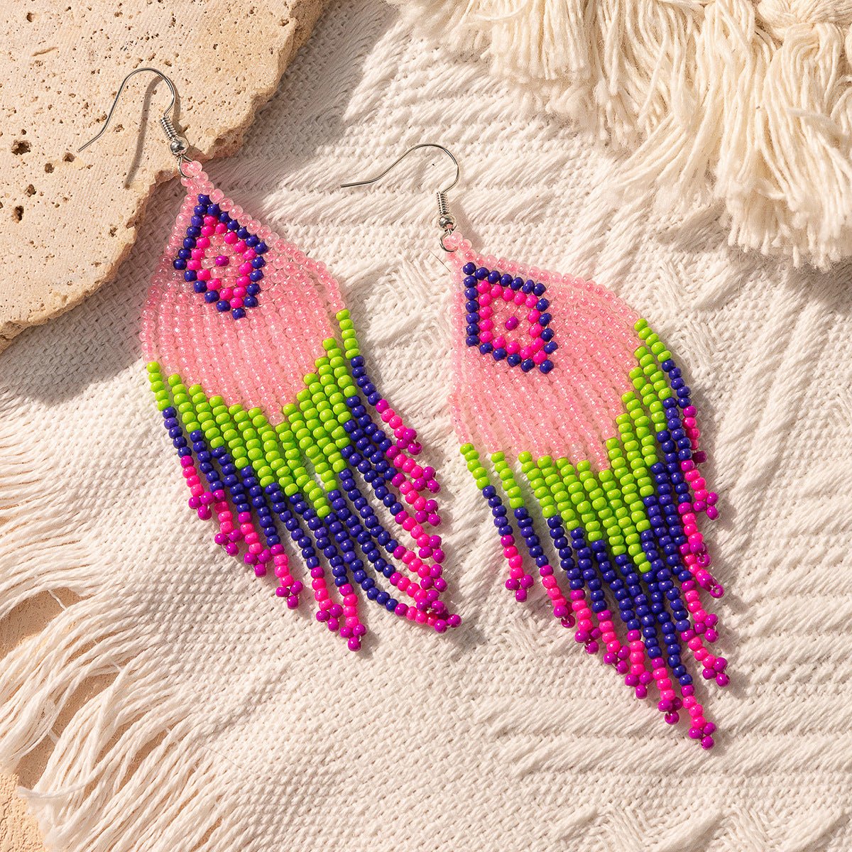 Bohemian Glass Bead Fringe Earrings – Colorblock Vacation Style with Artistic Flair - Alba Vaga
