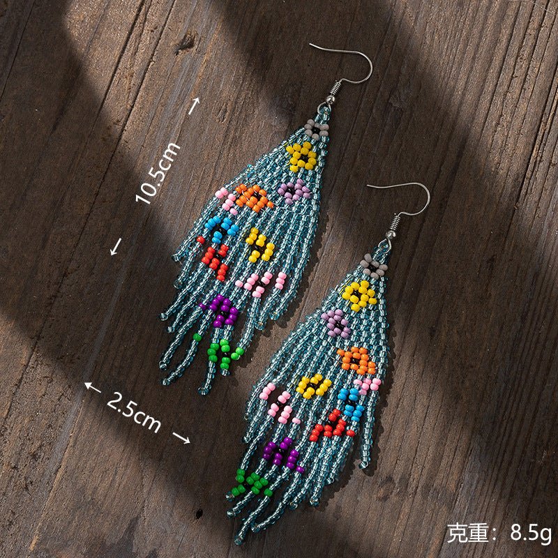 Bohemian Glass Bead Fringe Earrings – Colorblock Vacation Style with Artistic Flair - Alba Vaga