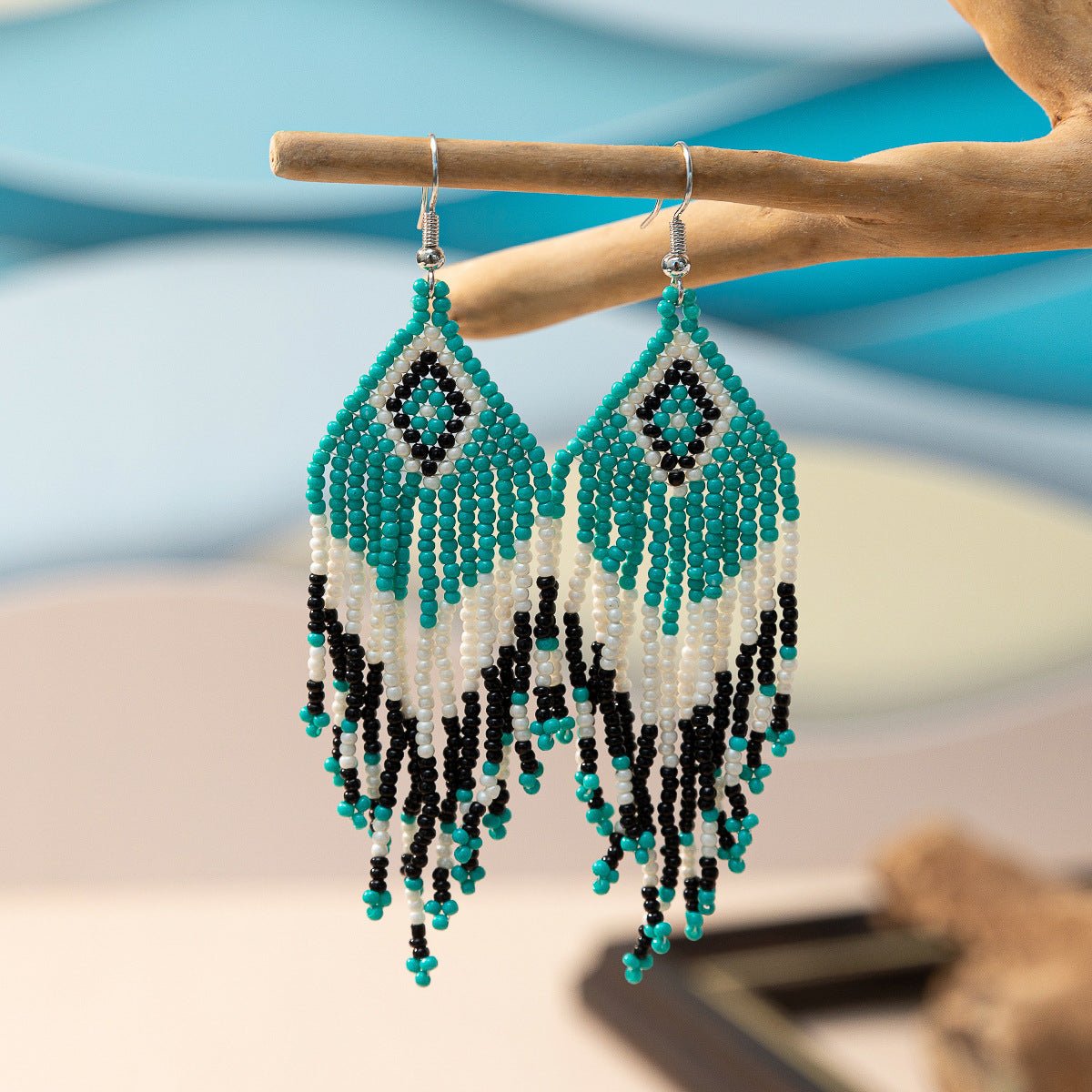 Bohemian Glass Bead Fringe Earrings – Colorblock Vacation Style with Artistic Flair - Alba Vaga