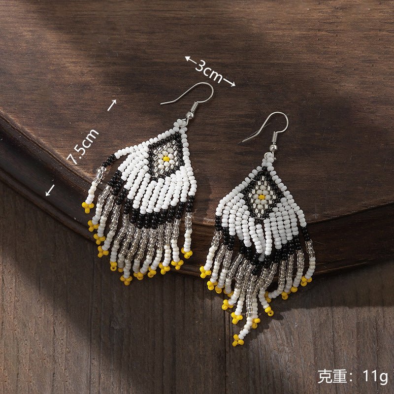 Bohemian Glass Bead Fringe Earrings – Colorblock Vacation Style with Artistic Flair - Alba Vaga