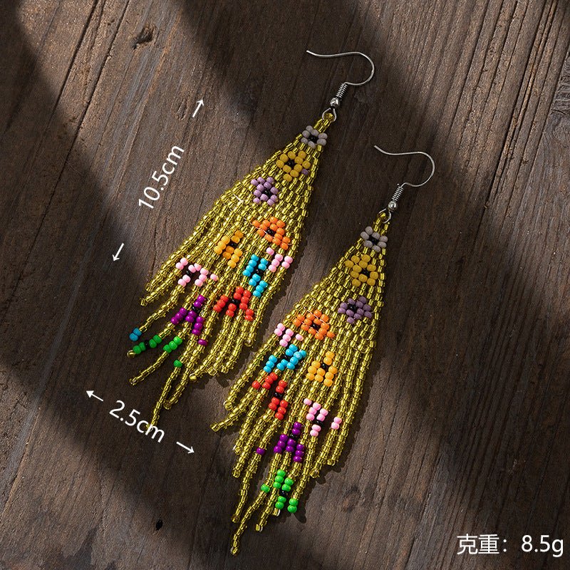 Bohemian Glass Bead Fringe Earrings – Colorblock Vacation Style with Artistic Flair - Alba Vaga