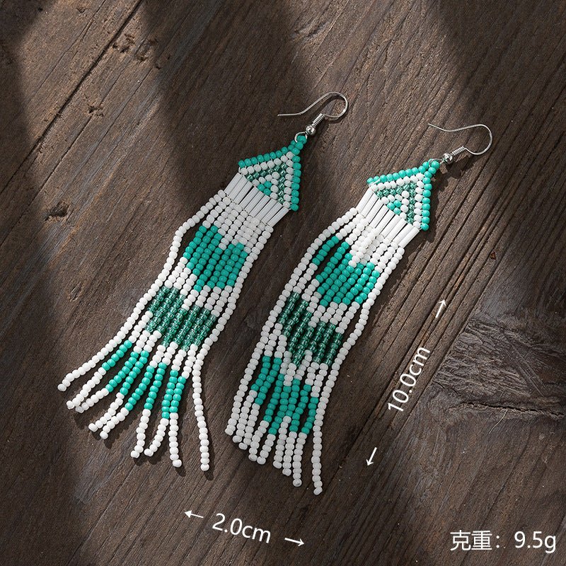 Bohemian Glass Bead Fringe Earrings – Colorblock Vacation Style with Artistic Flair - Alba Vaga