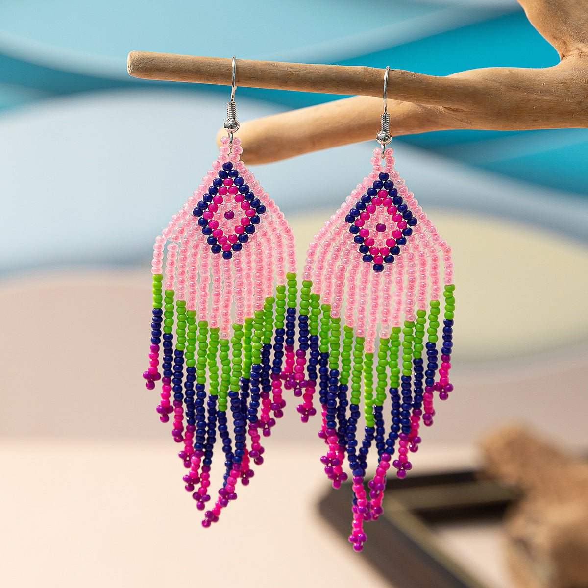 Bohemian Glass Bead Fringe Earrings – Colorblock Vacation Style with Artistic Flair - Alba Vaga