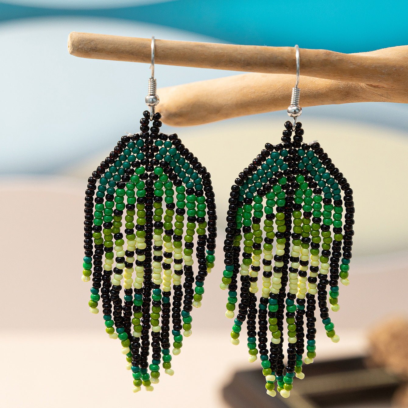 Bohemian Glass Bead Fringe Earrings – Colorblock Vacation Style with Artistic Flair - Alba Vaga