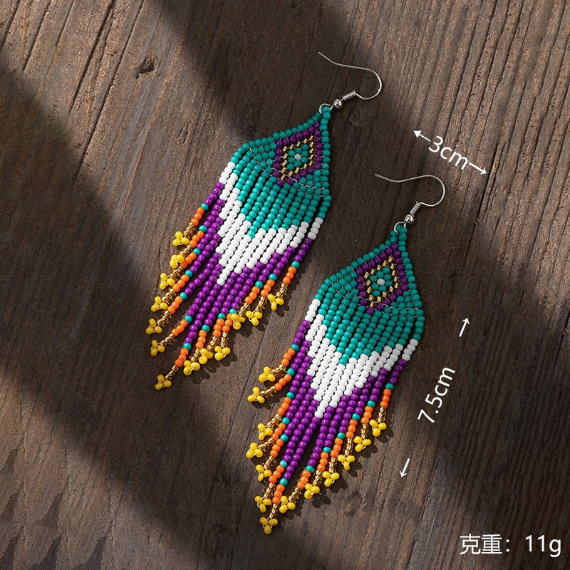 Bohemian Glass Bead Fringe Earrings – Colorblock Vacation Style with Artistic Flair - Alba Vaga