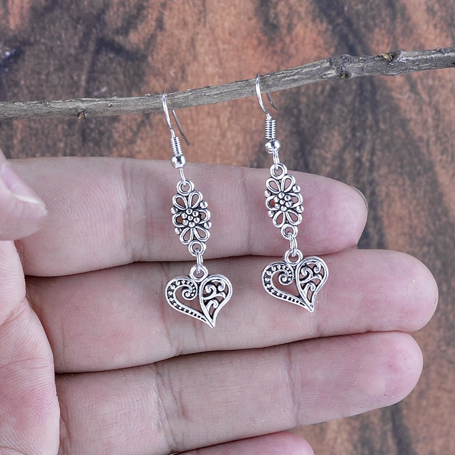 Bohemian Hollow Flower and Heart Pendant Earrings – Romantic Retro Design - Alba Vaga