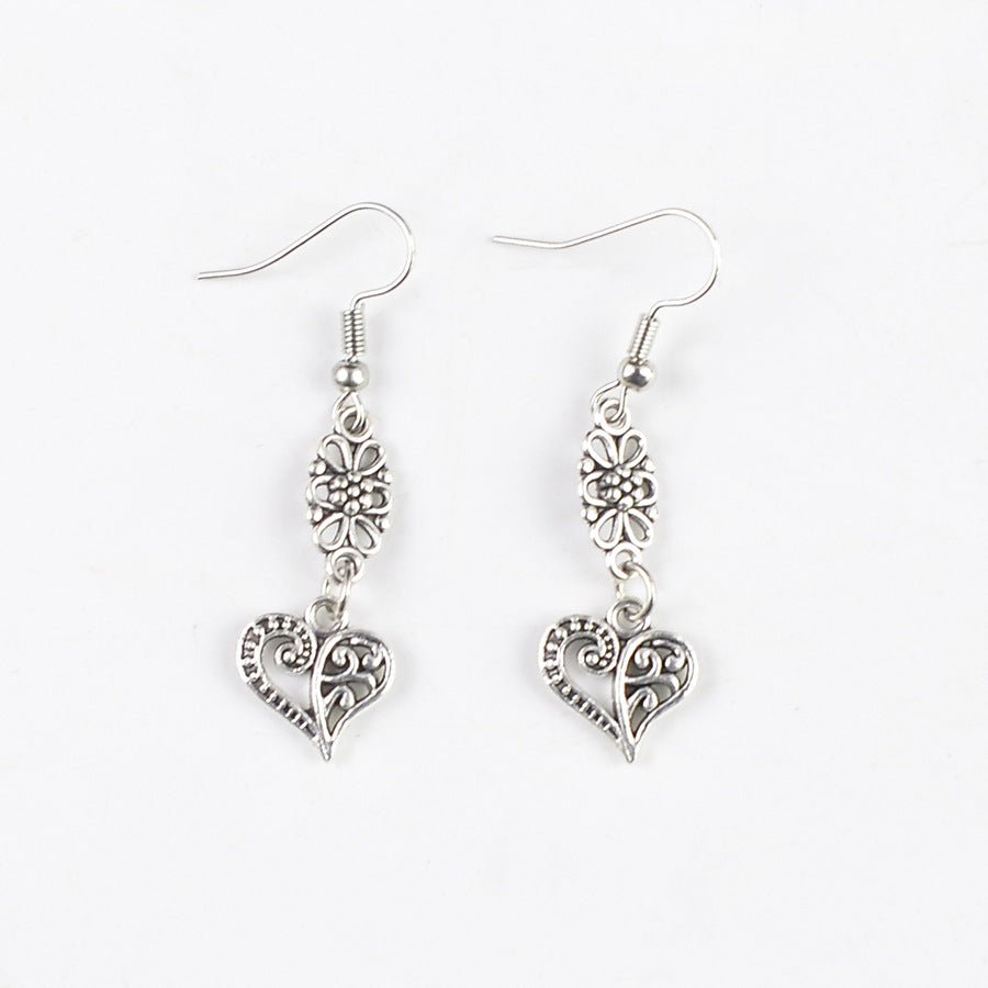 Bohemian Hollow Flower and Heart Pendant Earrings – Romantic Retro Design - Alba Vaga