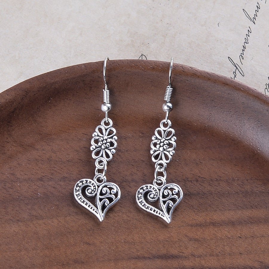 Bohemian Hollow Flower and Heart Pendant Earrings – Romantic Retro Design - Alba Vaga