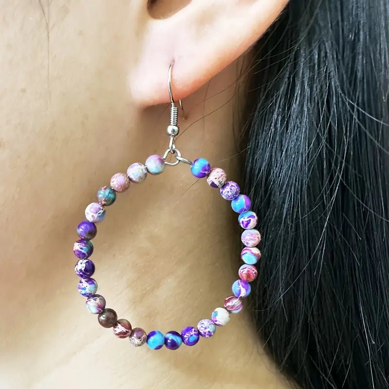 Bohemian Hollow Round Beaded Earrings with Colorful Imperial Stone Accents - Alba Vaga