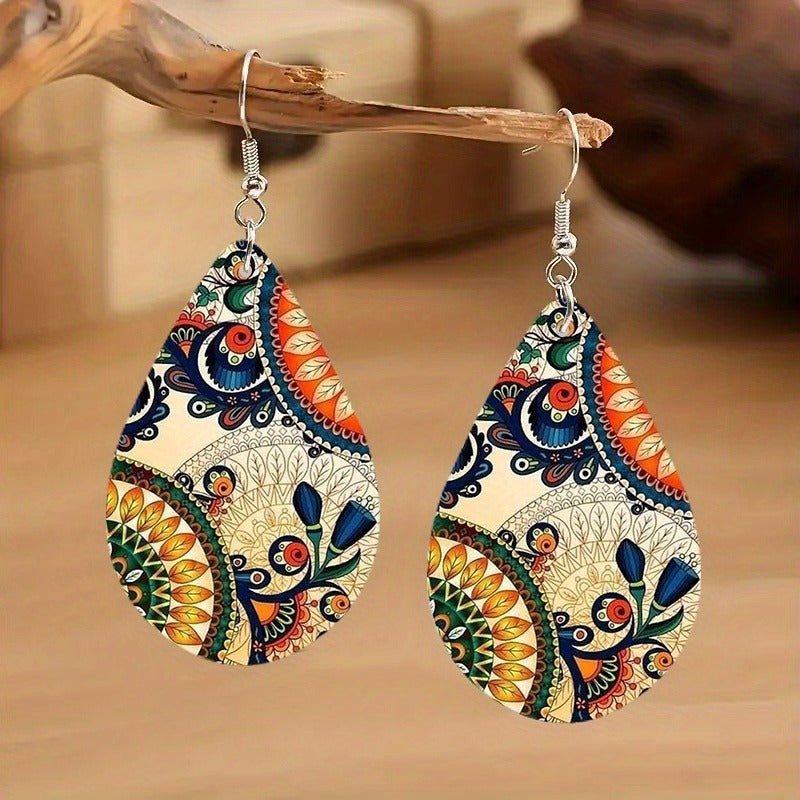 Bohemian Paisley Wooden Earrings – Double - Sided Colorful Totem Dangle Design - Alba Vaga