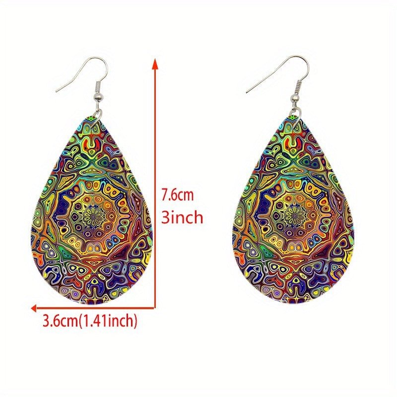 Bohemian Paisley Wooden Earrings – Double - Sided Colorful Totem Dangle Design - Alba Vaga