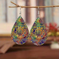 Bohemian Paisley Wooden Earrings – Double - Sided Colorful Totem Dangle Design - Alba Vaga
