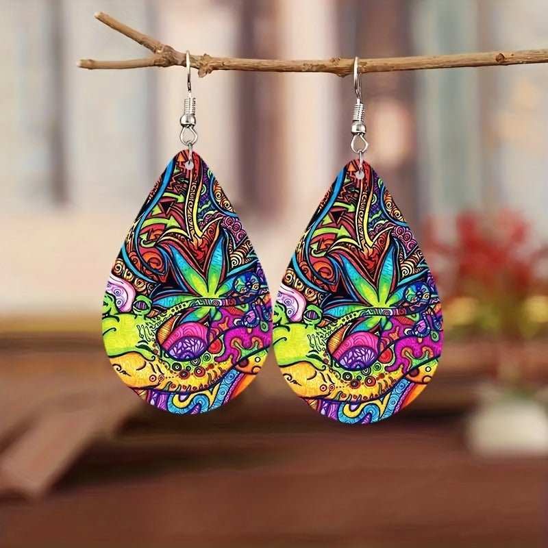 Bohemian Paisley Wooden Earrings – Double - Sided Colorful Totem Dangle Design - Alba Vaga