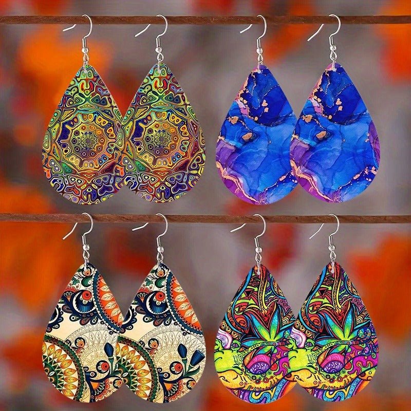 Bohemian Paisley Wooden Earrings – Double - Sided Colorful Totem Dangle Design - Alba Vaga