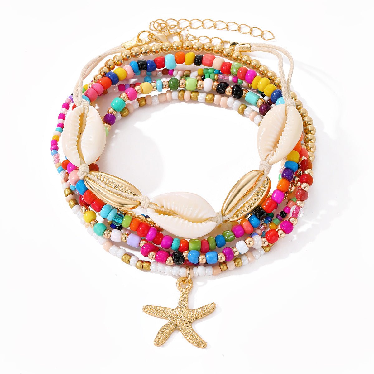 Bohemian Rice Bead Anklet Set – Shell & Starfish Charm Summer Beach Jewelry - Alba Vaga