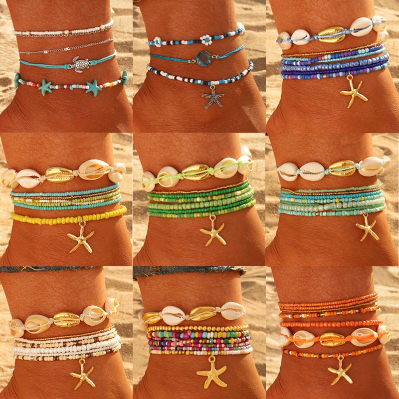 Bohemian Rice Bead Anklet Set – Shell & Starfish Charm Summer Beach Jewelry - Alba Vaga