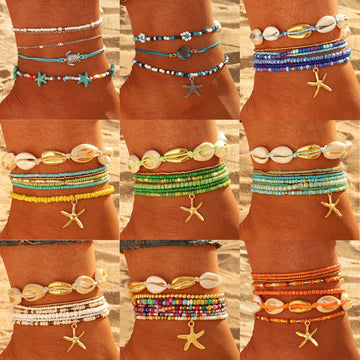 Bohemian Rice Bead Anklet Set – Shell & Starfish Charm Summer Beach Jewelry - Alba Vaga