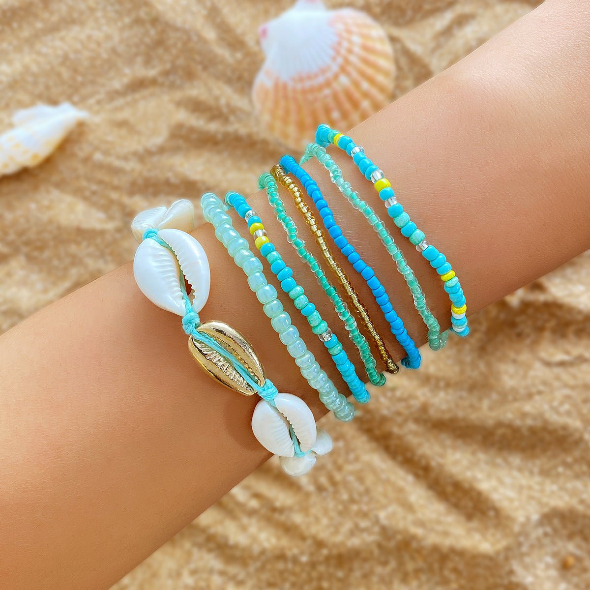 Bohemian Rice Bead Anklet Set – Shell & Starfish Charm Summer Beach Jewelry - Alba Vaga