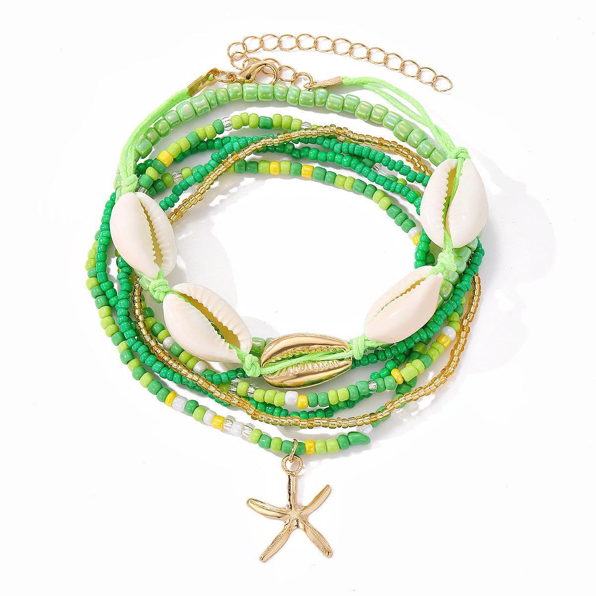 Bohemian Rice Bead Anklet Set – Shell & Starfish Charm Summer Beach Jewelry - Alba Vaga