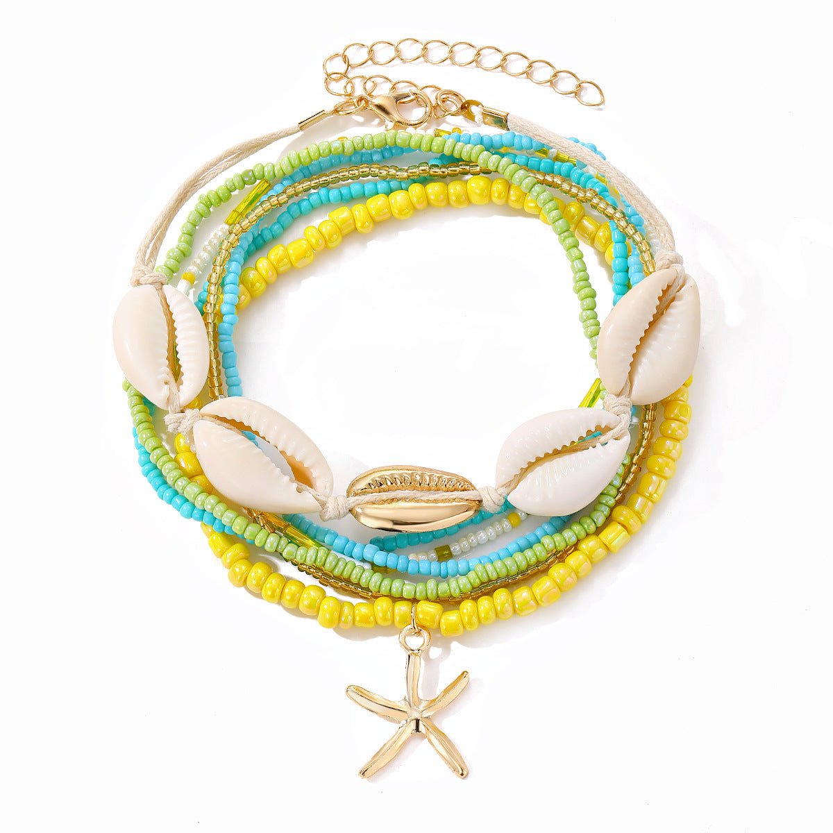 Bohemian Rice Bead Anklet Set – Shell & Starfish Charm Summer Beach Jewelry - Alba Vaga