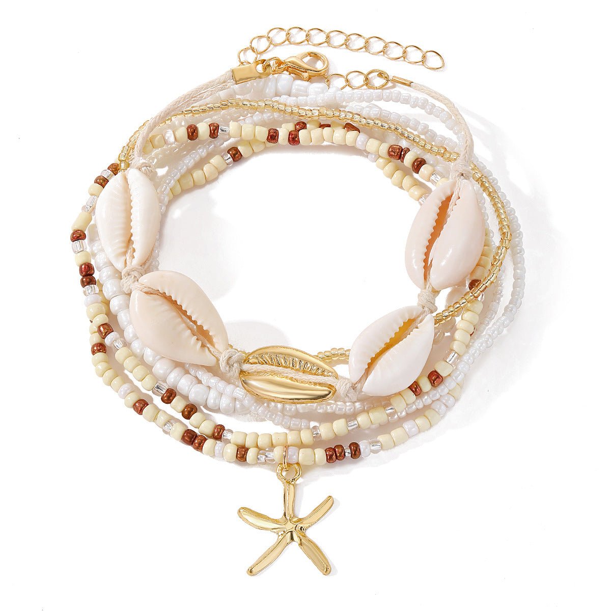 Bohemian Rice Bead Anklet Set – Shell & Starfish Charm Summer Beach Jewelry - Alba Vaga