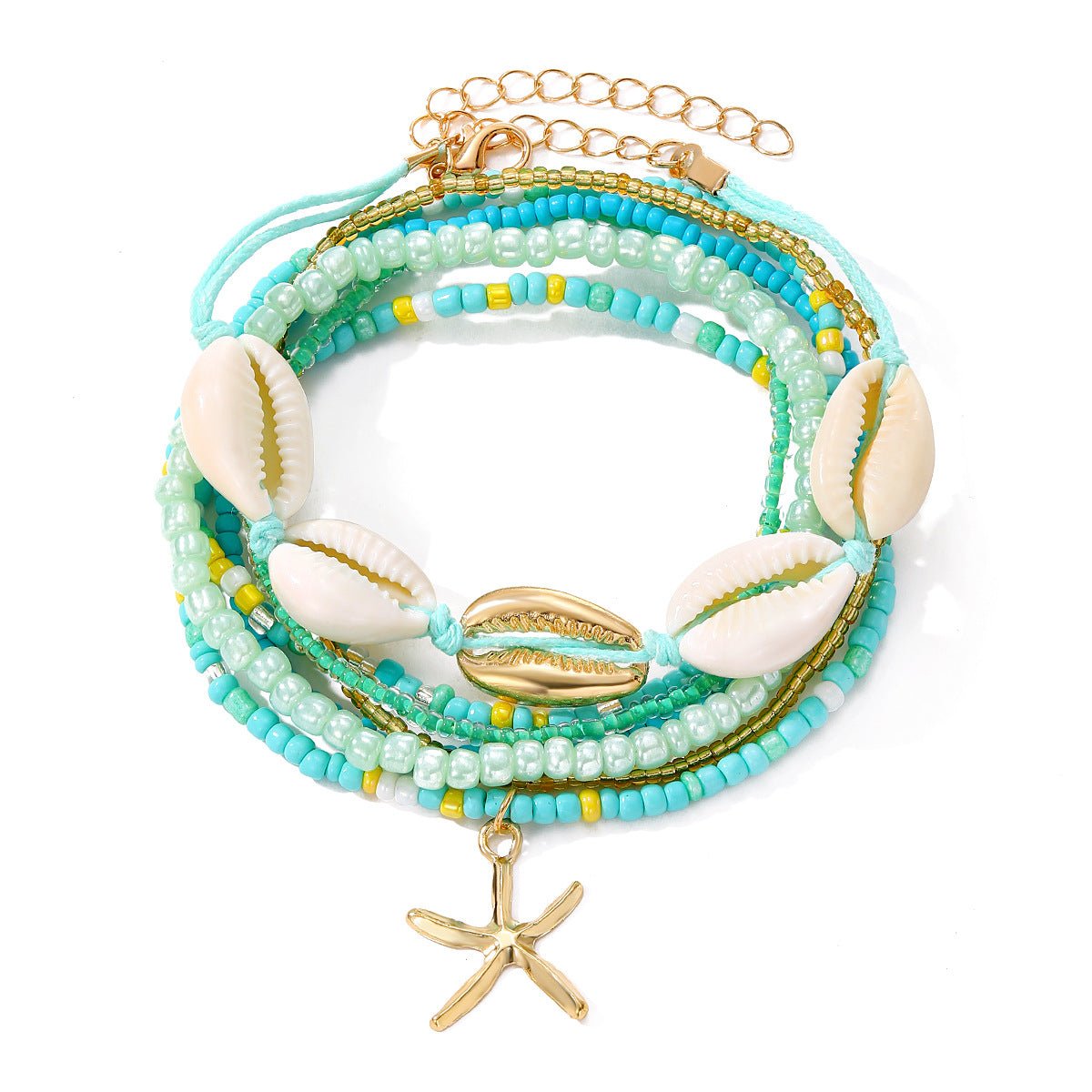 Bohemian Rice Bead Anklet Set – Shell & Starfish Charm Summer Beach Jewelry - Alba Vaga