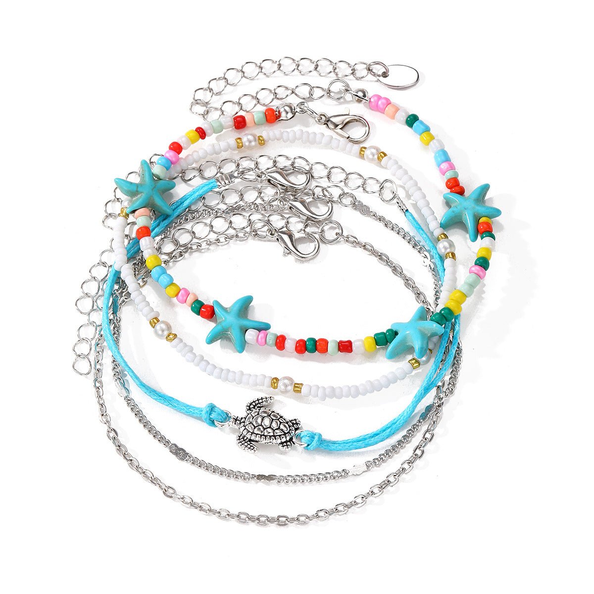 Bohemian Rice Bead Anklet Set – Shell & Starfish Charm Summer Beach Jewelry - Alba Vaga