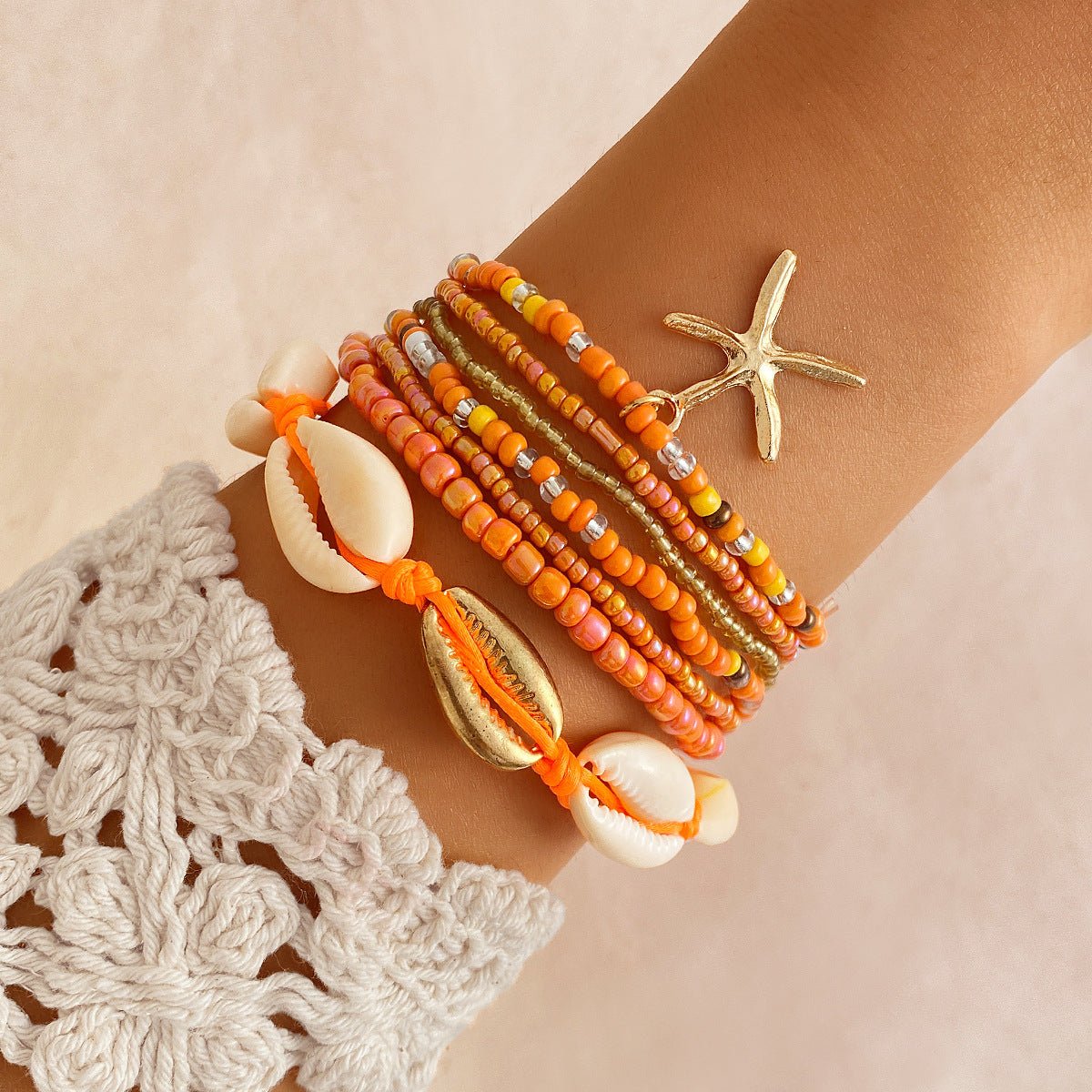 Bohemian Rice Bead Anklet Set – Shell & Starfish Charm Summer Beach Jewelry - Alba Vaga