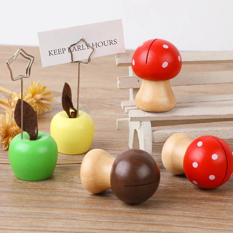 Candy - Colored Mushroom & Apple Wooden Message Clips – Cute Desk Photo Holders - Alba Vaga