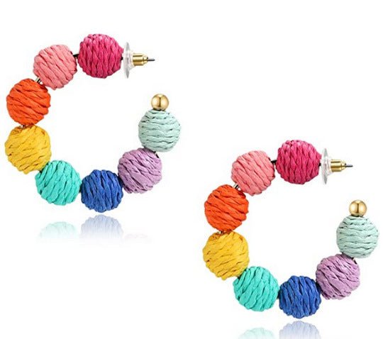 Colorful Raffia Boho Earrings – Retro Purple & Blue Statement Style - Alba Vaga