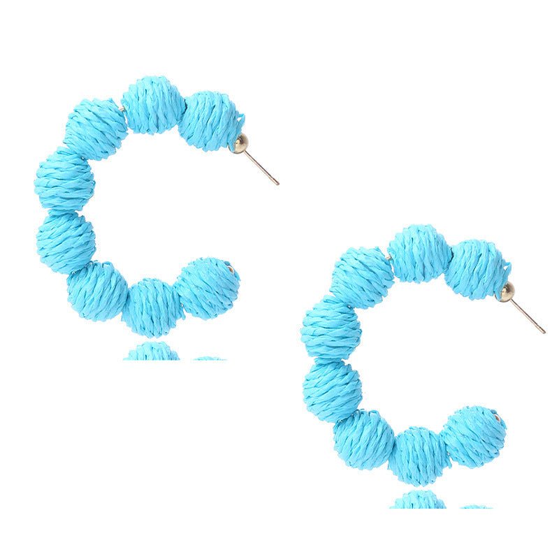 Colorful Raffia Boho Earrings – Retro Purple & Blue Statement Style - Alba Vaga
