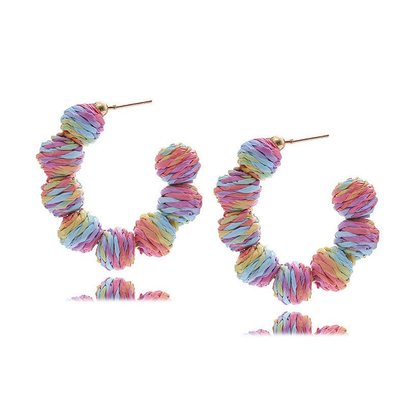Colorful Raffia Boho Earrings – Retro Purple & Blue Statement Style - Alba Vaga