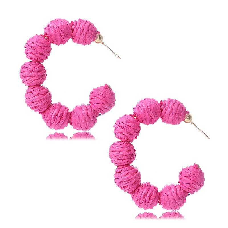 Colorful Raffia Boho Earrings – Retro Purple & Blue Statement Style - Alba Vaga