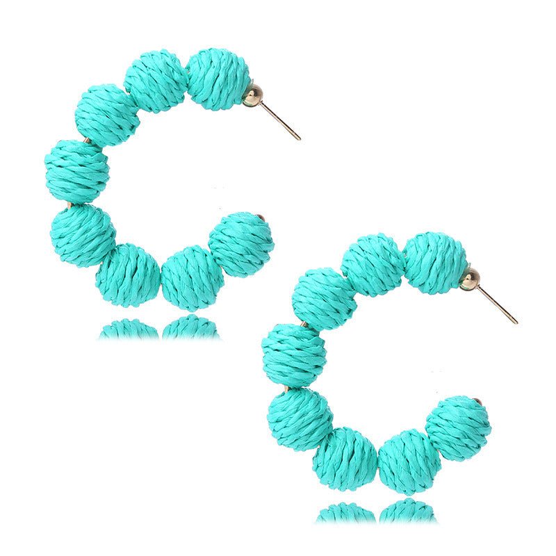 Colorful Raffia Boho Earrings – Retro Purple & Blue Statement Style - Alba Vaga