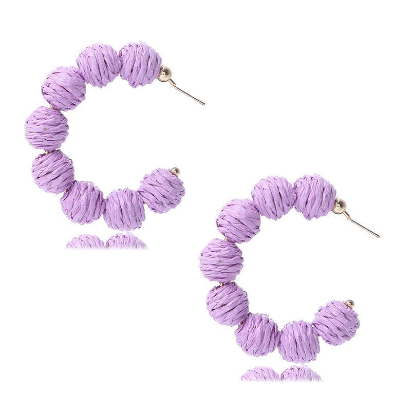 Colorful Raffia Boho Earrings – Retro Purple & Blue Statement Style - Alba Vaga